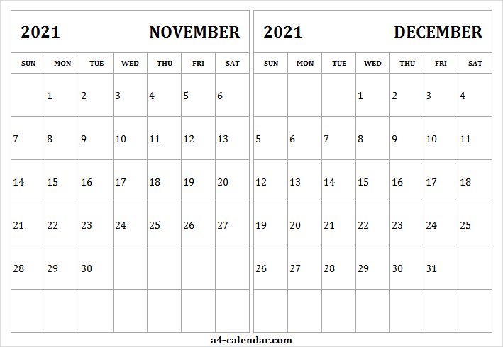 November December 2021 Calendar Page - A4 Calendar