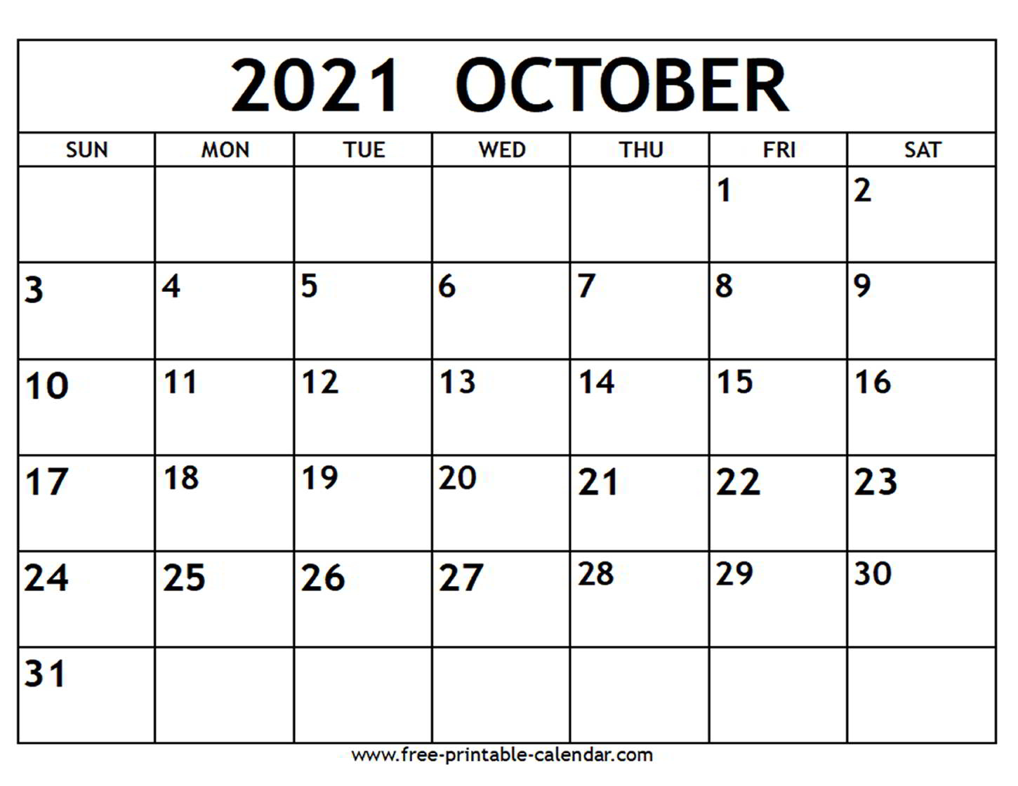 October 2021 Calendar - Free-Printable-Calendar