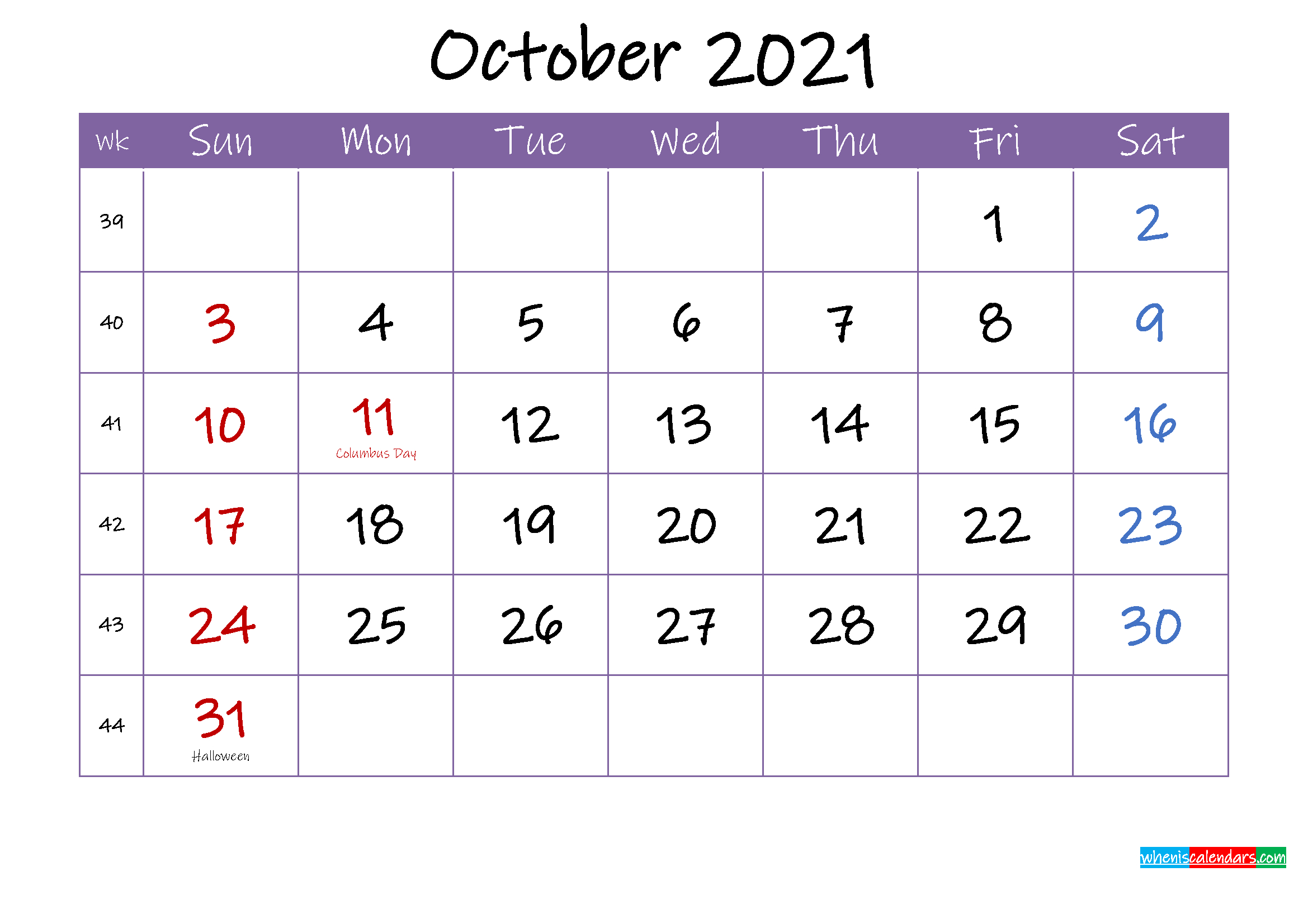 October 2021 Calendar With Holidays Printable - Template