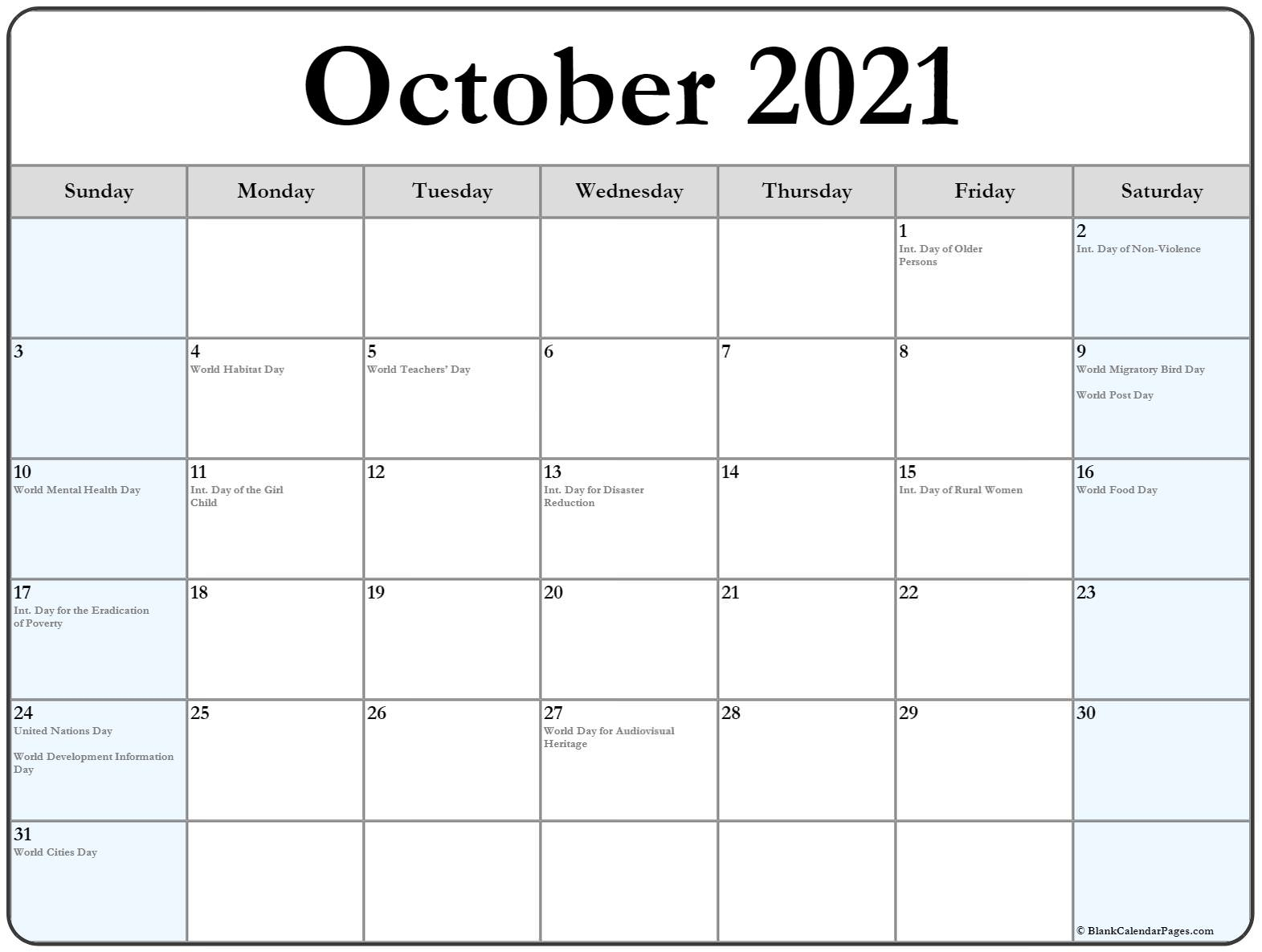 October 2021 Calendar With Holidays