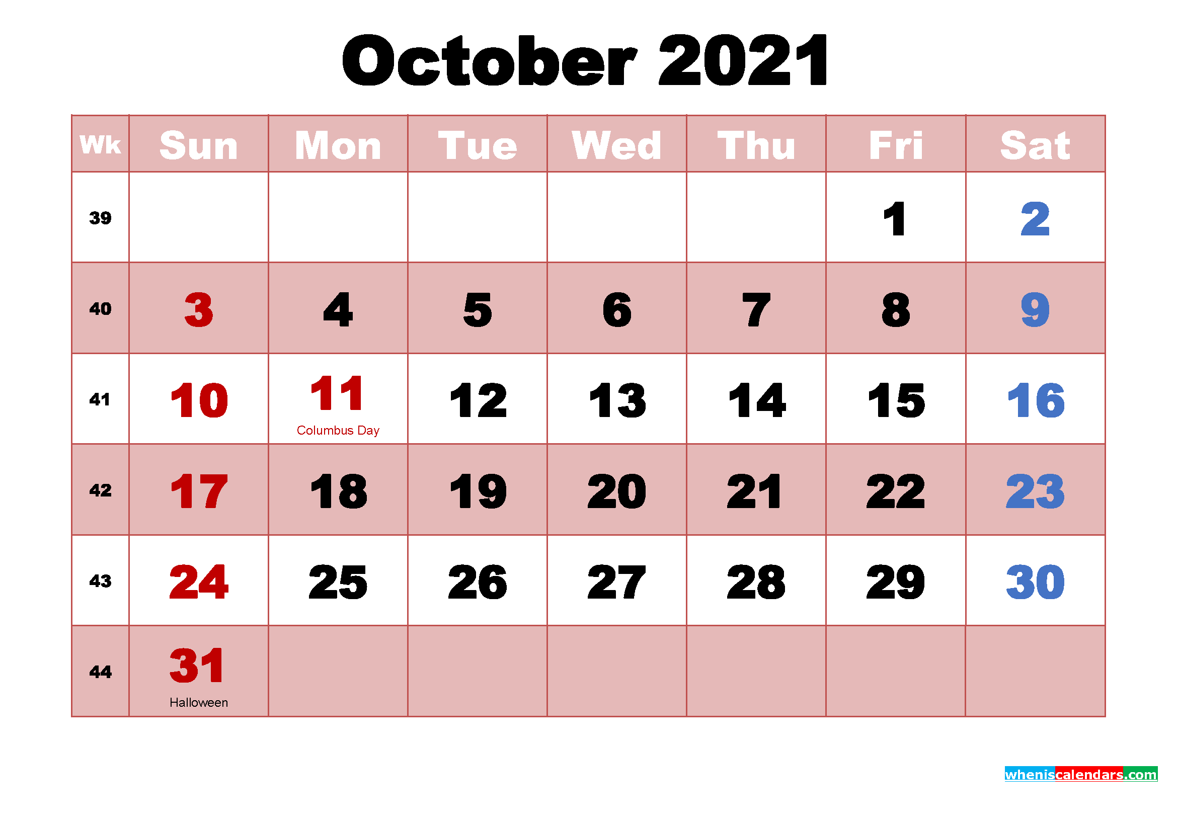 October 2021 Printable Monthly Calendar With Holidays