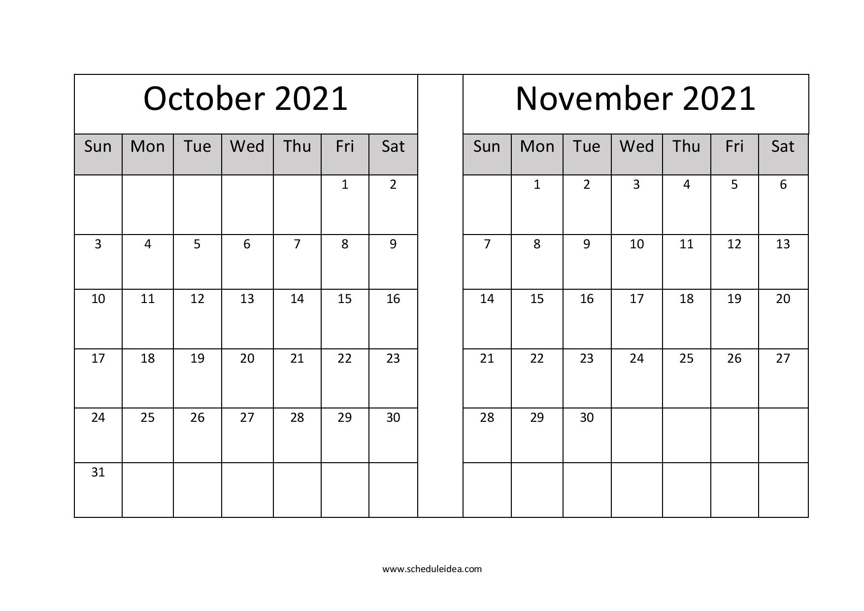 October And November 2021 Printable Calendar (2 Months)