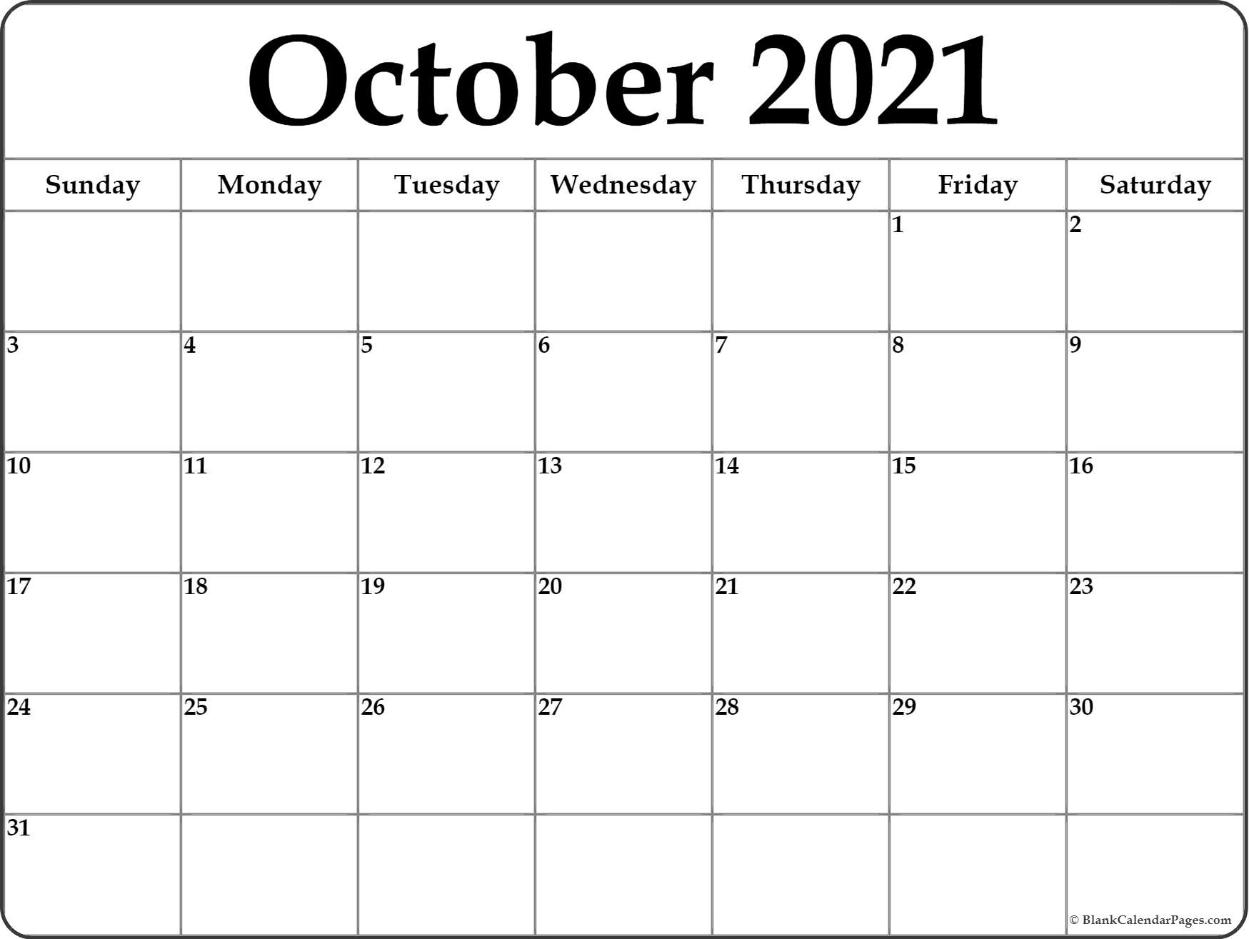 October Monthly Calendar 2021 | 2021 Calendar