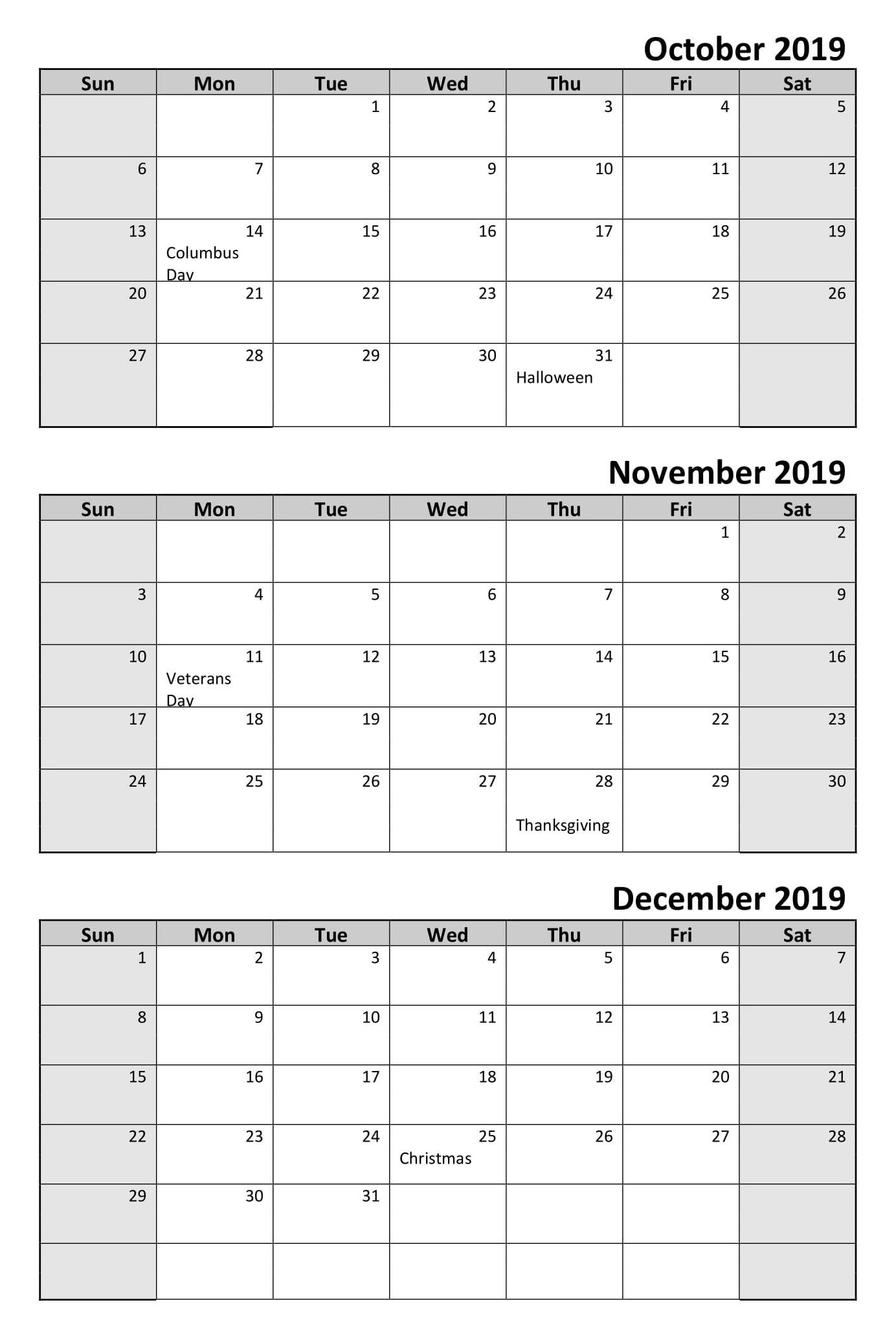 October To December 3 Month Calendar 2019 | Calendar 2019