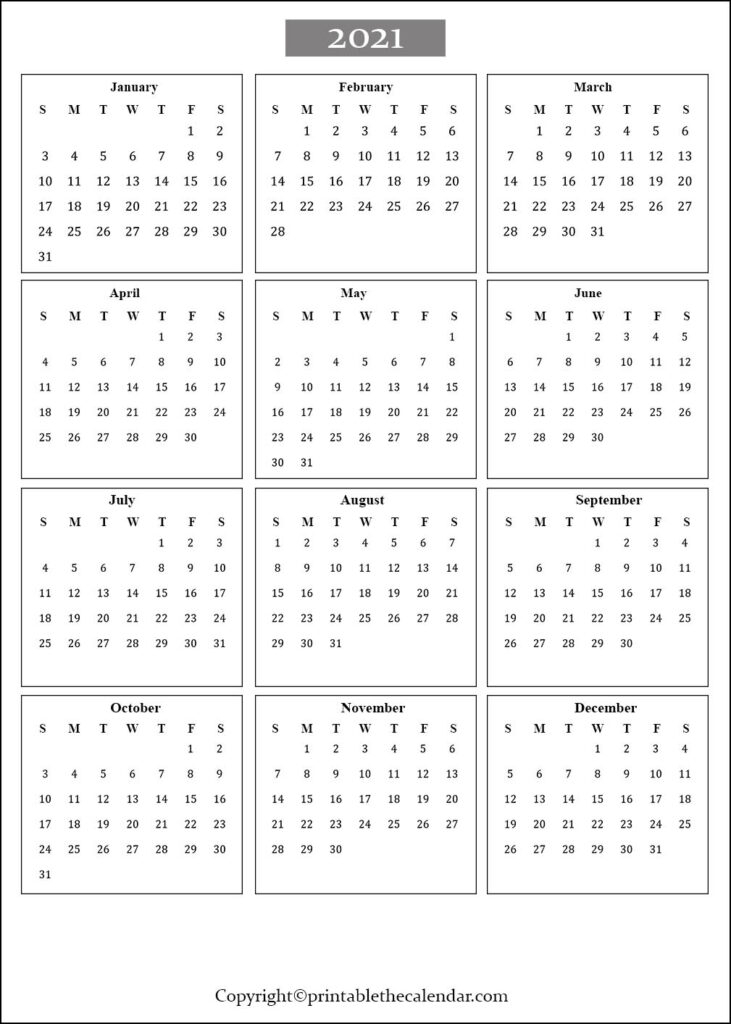 One Page Calendar 2021 [Free Printable Template