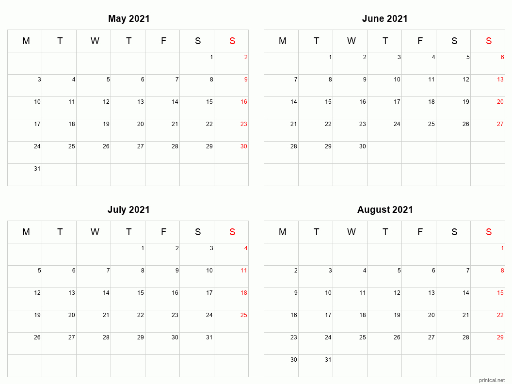 Printable 2021 Calendar - Four Months Per Page | Free
