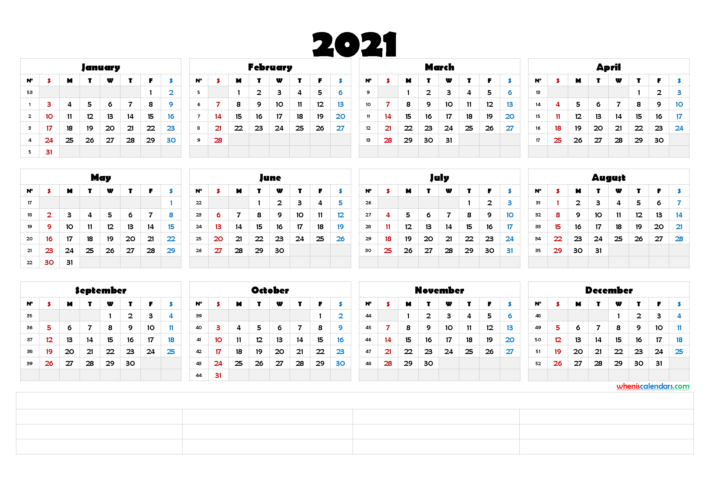 6 X4 2021 Printable Calendar