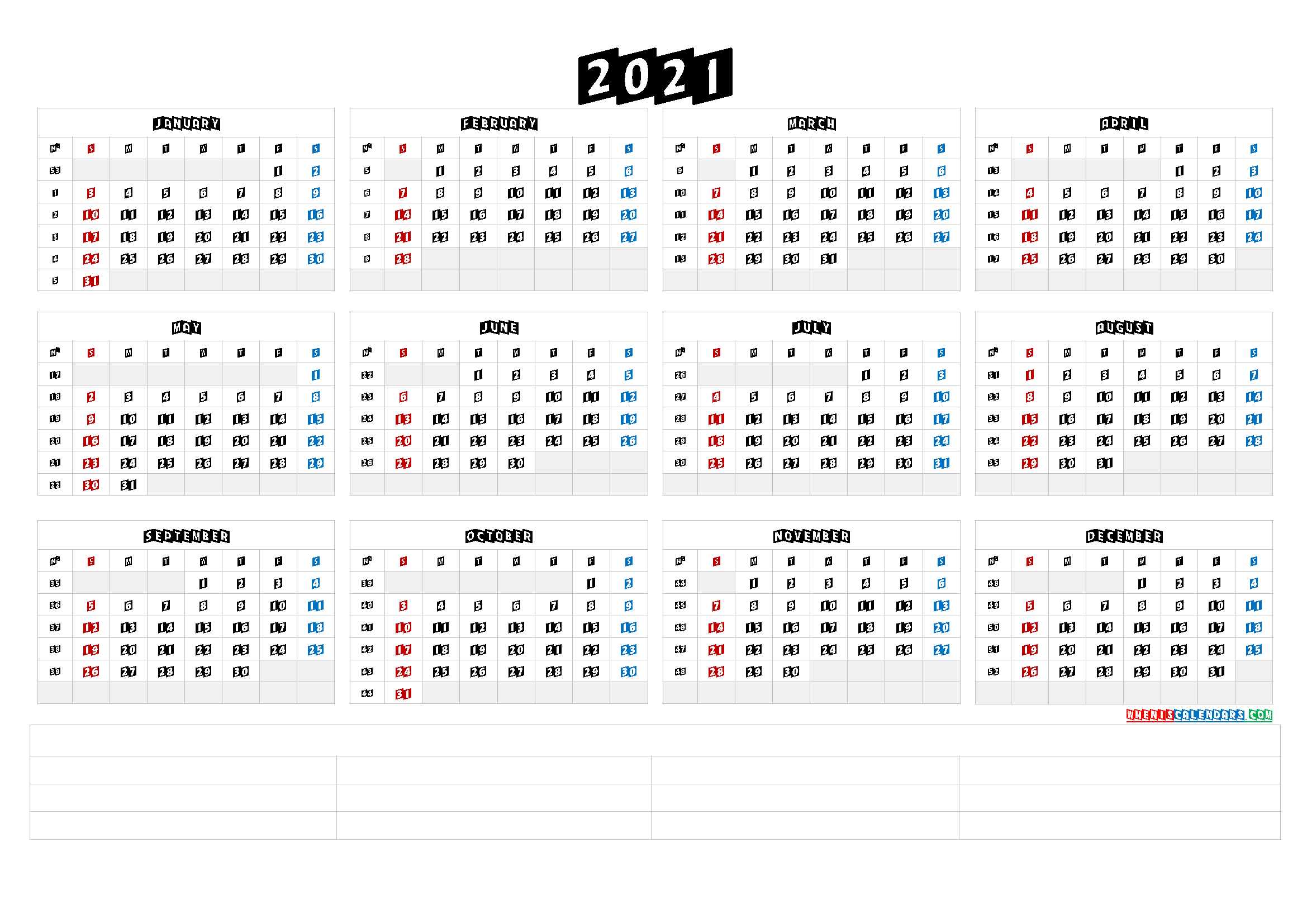 Printable 2021 Yearly Calendar (6 Templates) - Free