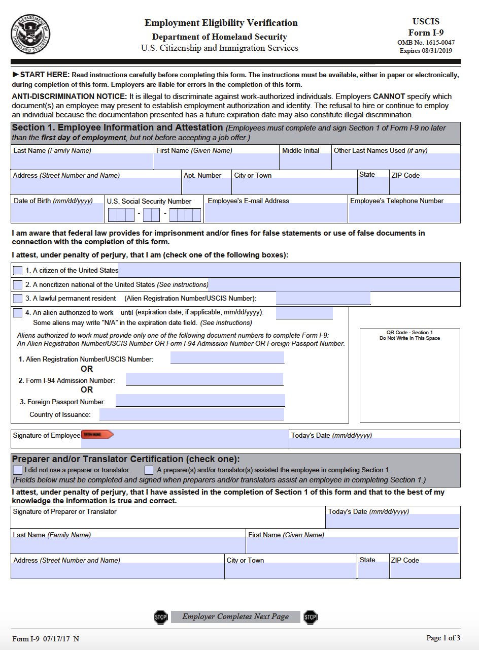 Printable Blank I-9 Form 2020 | Calendar Template