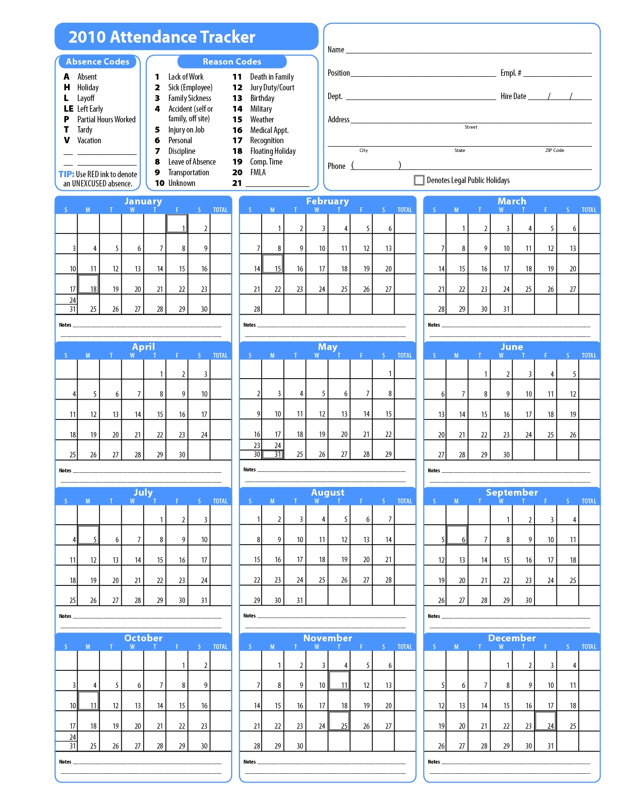 Printable Employee Attendance Calendar 2020 - Calendar