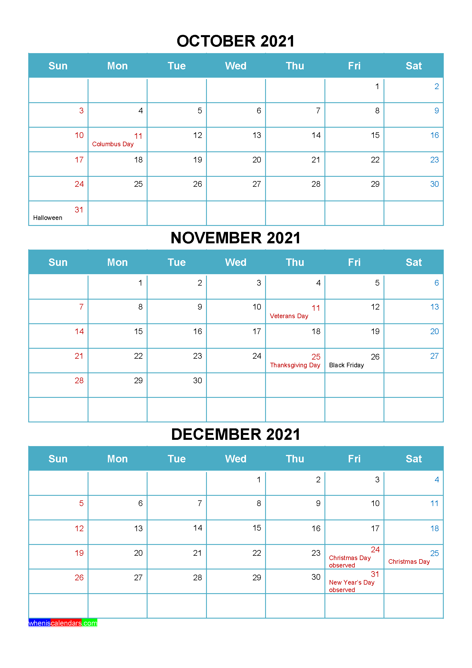 Printable October November December 2021 Calendar | Free