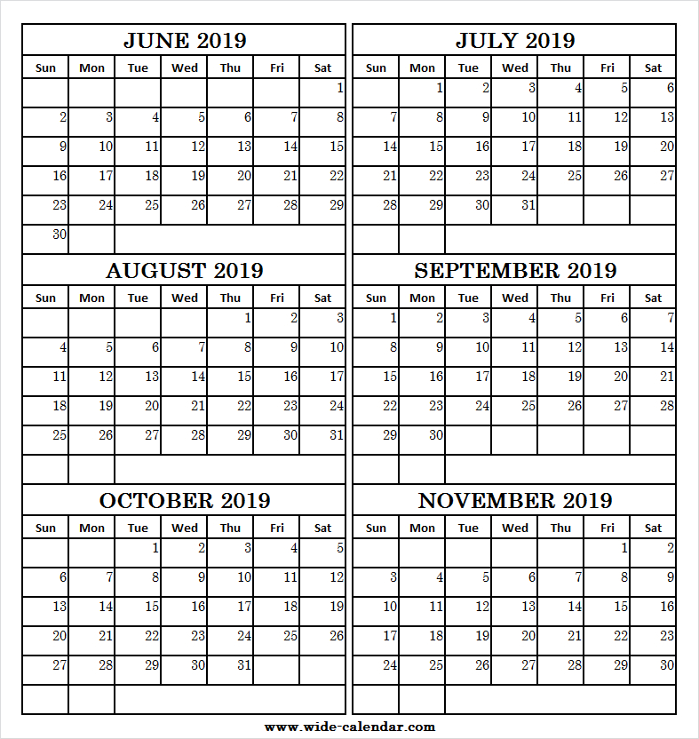 Six Month June November 2019 Calendar Free | 2019 Calendar