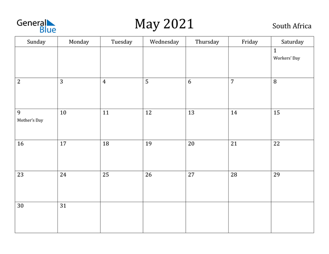 South Africa May 2021 Calendar With Holidays