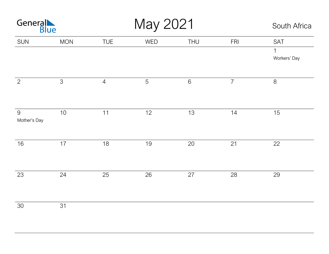 South Africa May 2021 Calendar With Holidays