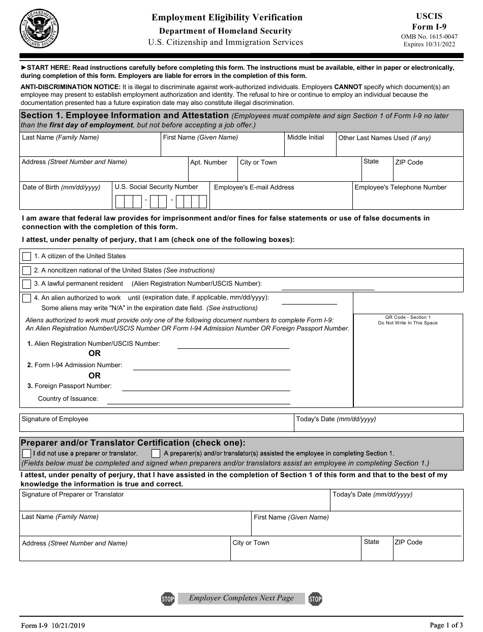 Uscis Form I-9 Download Fillable Pdf Or Fill Online