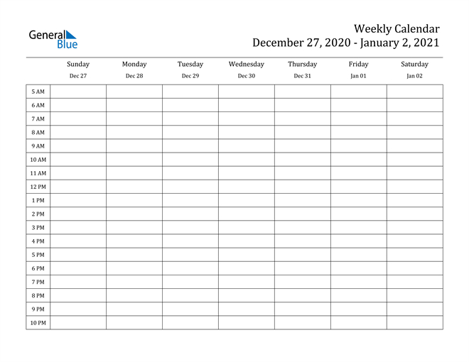 Weekly Calendar - December 27, 2020 To January 2, 2021