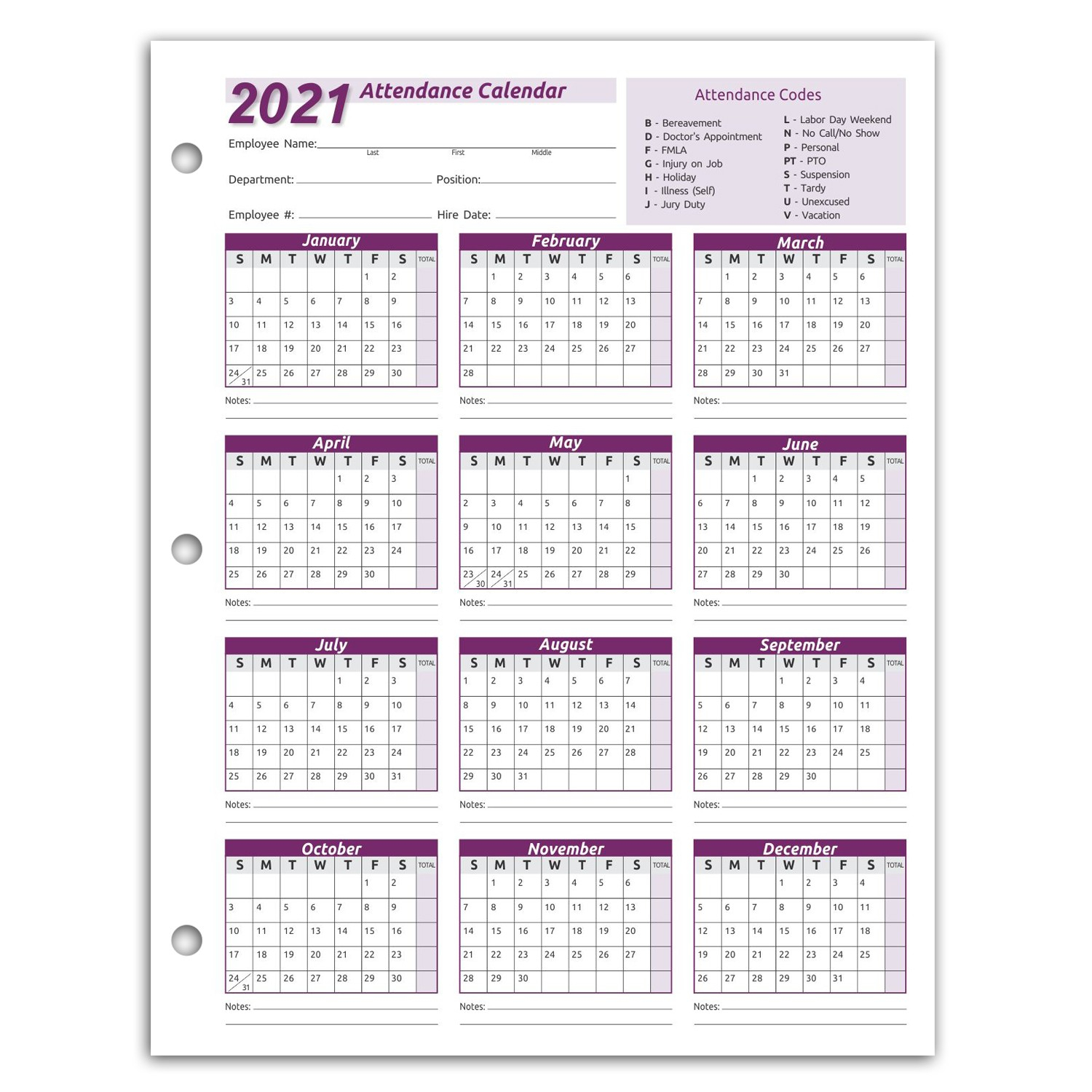 Work Tracker Attendance Calendar Cards- 8 ½ X 11 Cardstock