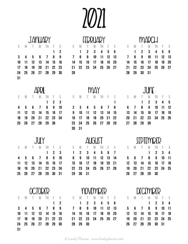 Year 2021 Calendar Printable One Page | Ten Free Printable